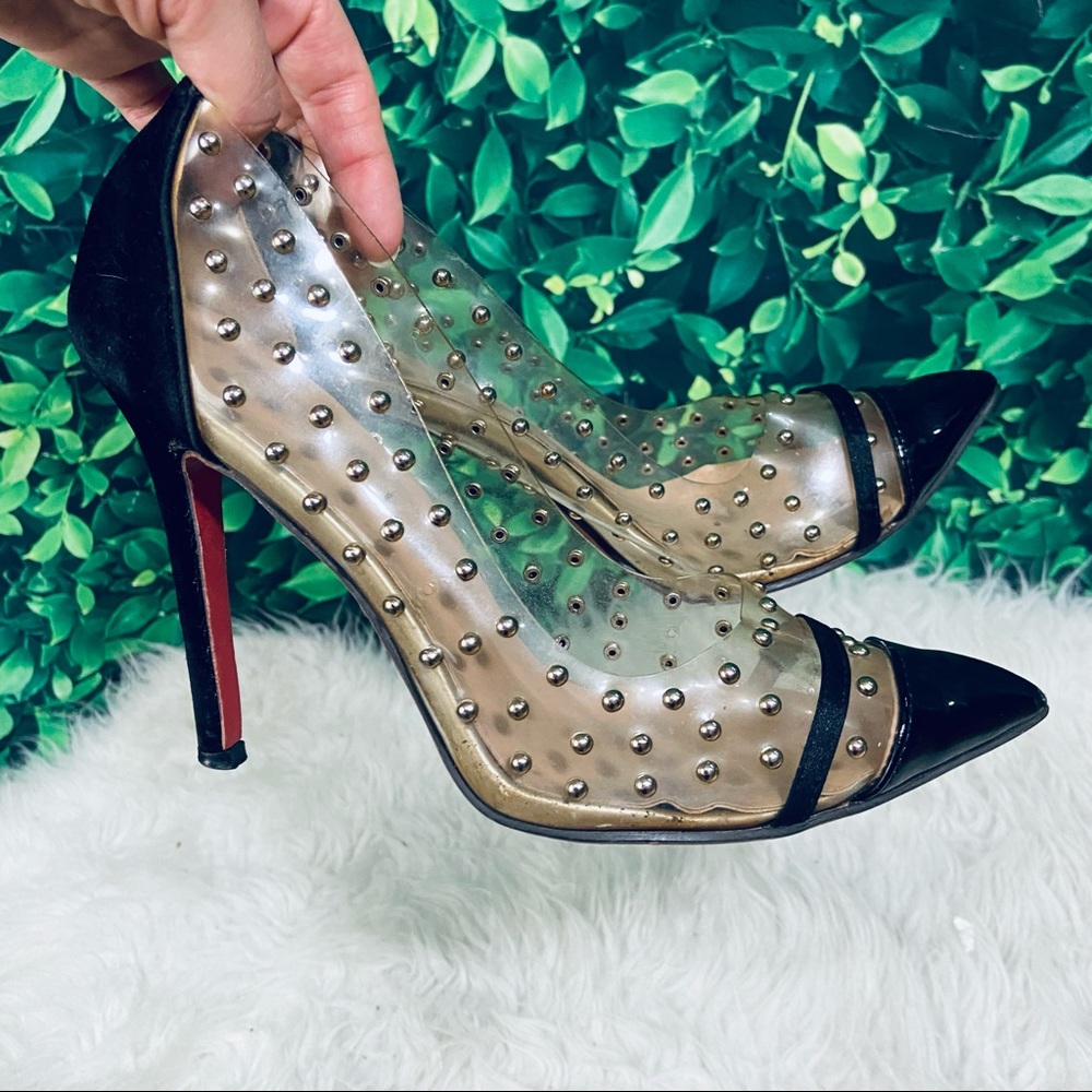 Studded red bottom black clear / transparent  high heels 41